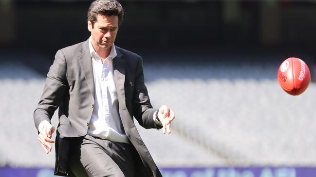 AFL boss Gillon McLachlan has a kick on the MCG last year. Picture: Alex Coppel.