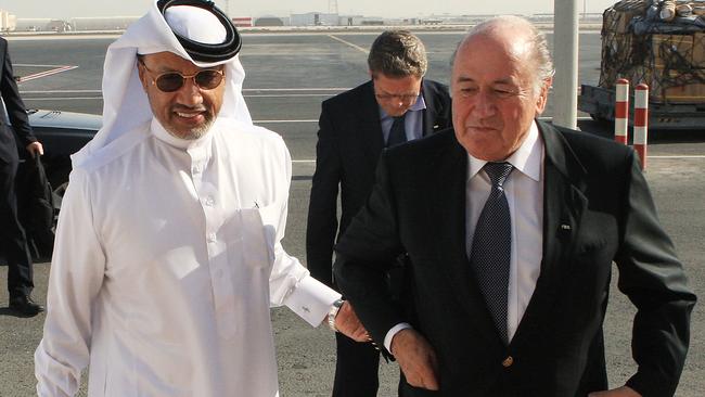 Asian Football Confederation (AFC) president Mohammed bin Hammam, left, greets then FIFA president Sepp Blatter to Doha in 2010.