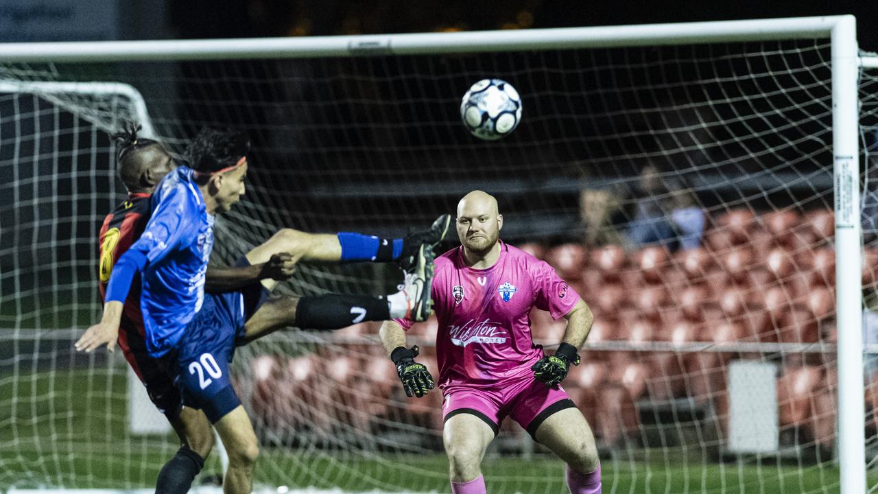 Rockville Rovers goalkeeper William Gibson against Gatton Redbacks in FQPL3 Darling Downs men grand final at Clive Berghofer Stadium, Saturday, August 31, 2024. Picture: Kevin Farmer