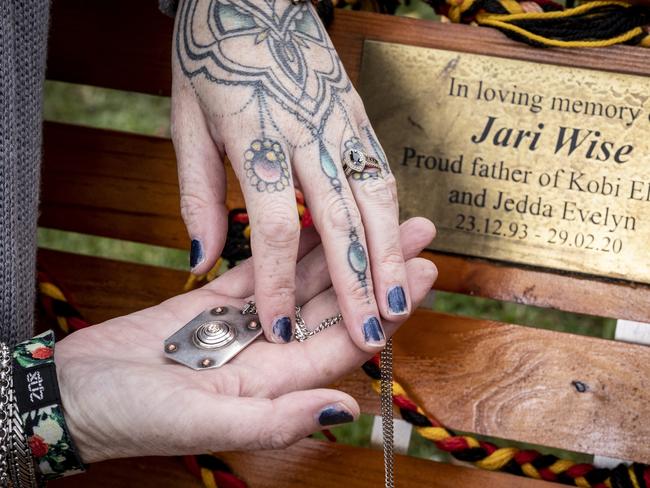 Faith Tkalac keeps some of Jari’s ashes by her heart in a specially designed pendant that was made out of his rings. Picture: Eddie Safarik