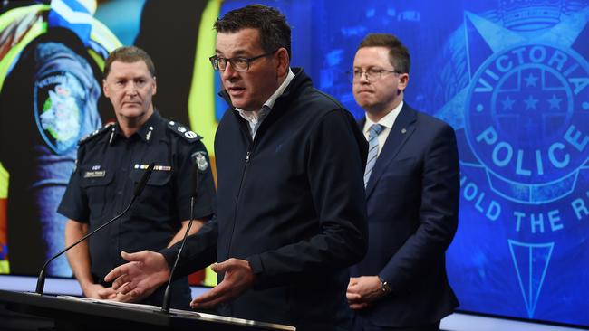 Victoria Police chief Shane Patton, Premier Daniel Andrews and Minister for Police Anthony Carbines. Picture: Josie Hayden