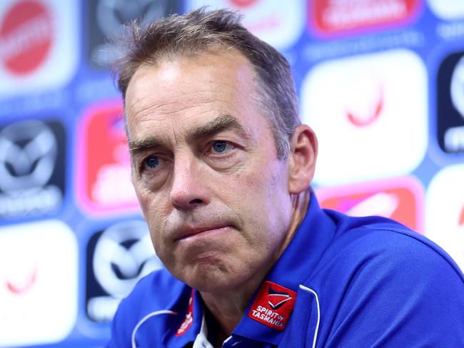 MELBOURNE, AUSTRALIA - APRIL 18: Alastair Clarkson, Senior Coach of the Kangaroos speaks during a press conference following the round six AFL match between North Melbourne Kangaroos and Carlton Blues at Marvel Stadium, on April 18, 2025, in Melbourne, Australia. (Photo by Josh Chadwick/AFL Photos/via Getty Images)