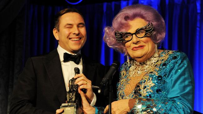 Dame Edna Everage with David Walliams at the 59th London Evening Standard Theatre Awards in 2013. Picture: Getty Images.