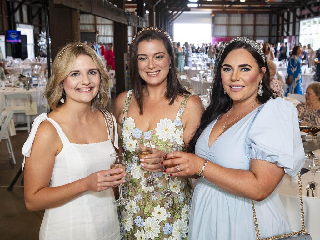 At the Ladies Diamond Luncheon are (from left) Kate Mayles, Kate Hanson and Samara Eyers hosted by Toowoomba Hospital Foundation at The Goods Shed, Friday, October 11, 2024. Picture: Kevin Farmer