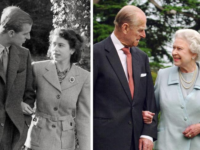 Combination image of Queen Elizabeth II with husband Prince Philip Duke of Edinburgh as a young couple  in the grounds of Broadlands, Hampshire in 1947 (l) and again (r) in 2007.