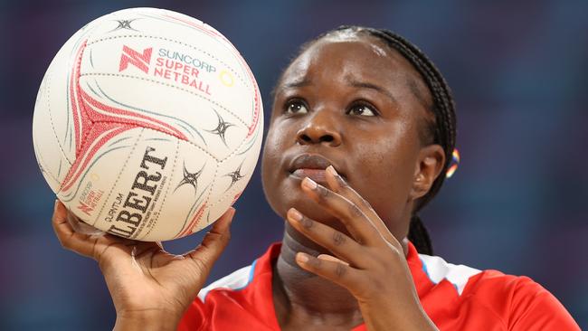 SYDNEY, AUSTRALIA - MAY 05: Sam Wallace-Joseph of the Swifts warms up ahead of the round four Super Netball match between NSW Swifts and West Coast Fever at Ken Rosewall Arena on May 05, 2024 in Sydney, Australia. (Photo by Jason McCawley/Getty Images)