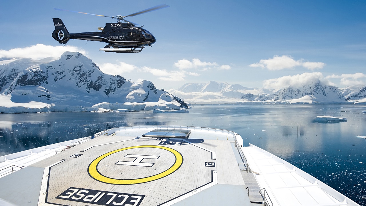 Scenic Eclipse with on-board helicopter in Antarctica.