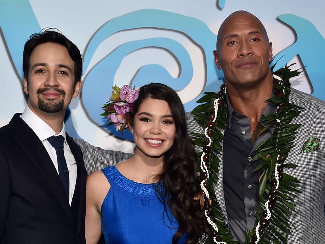 Moana songwriter Lin-Manuel Miranda with stars Auli'i Cravalho and Dwayne Johnson at the premiere of the animated film Moana in 2016. Picture: Alberto E. Rodriguez/Getty Images for Disney