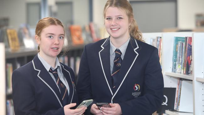 Norwood International high school Year 12 student Matilda Jewell, 17, and Year 9 student Reikaya Everwinter, 15, said the bans were excellent although some pupils were upset. Picture Dean Martin