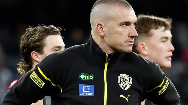 MELBOURNE, AUSTRALIA - JUNE 30: Dustin Martin of the Tigers looks on during the 2024 AFL Round 16 match between the Richmond Tigers and the Carlton Blues at The Melbourne Cricket Ground on June 30, 2024 in Melbourne, Australia. (Photo by Michael Willson/AFL Photos via Getty Images)