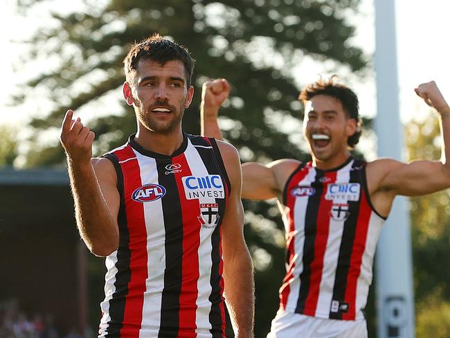 ADELAIDE, AUSTRALIA - APRIL 07: Riley Bonner of the Saints celebrates a goal with Mitch Owens of the Saints during the 2024 AFL Round 04 match between the Richmond Tigers and the St Kilda Saints at Norwood Oval on April 07, 2024 in Adelaide, Australia. (Photo by Sarah Reed/AFL Photos via Getty Images)