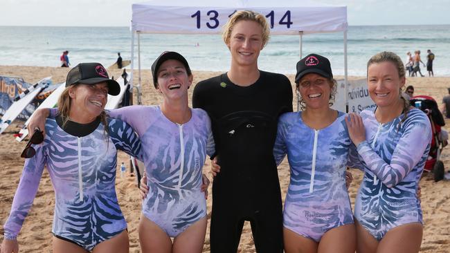 The Lifeline Classic 2017 with celebrity surfers taking part at Dee Why Beach. Surfing Mums L-R: Vanessa Clyne, Audrey Hills, Samson Coulter (pro), Julia Brockhausen, Rachel Pavitt. Picture: Adam Ward