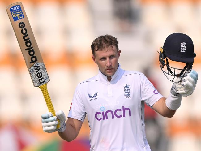 MULTAN, PAKISTAN - OCTOBER 09: England batsmen Joe Root reaches his century during day three of the First Test Match between Pakistan and England   at Multan Cricket Stadium on October 09, 2024 in Multan, Pakistan. (Photo by Stu Forster/Getty Images)