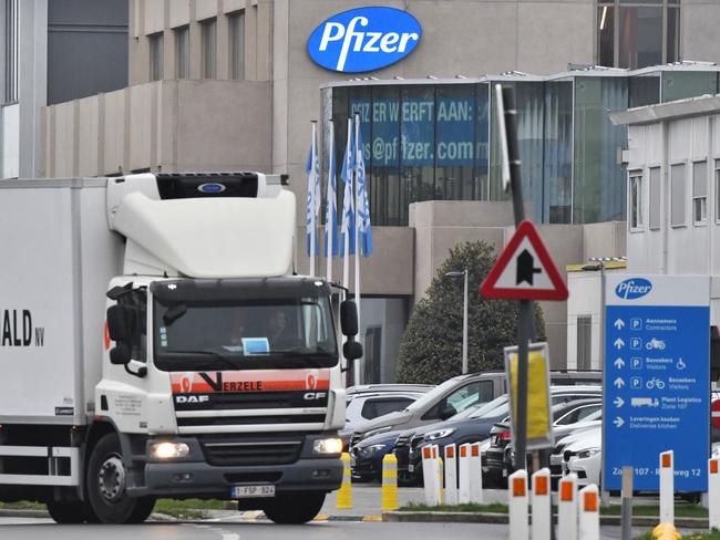 A temperature controlled cold storage haulage truck leaves the Pfizer Inc. facility in Puurs, Belgium. Picture: Getty Images.