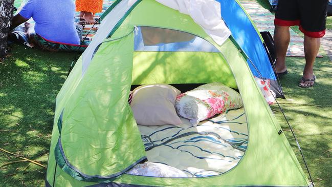 One of a dozen tents in place at the Tallebudgera Creek Park. Picture Glenn Hampson