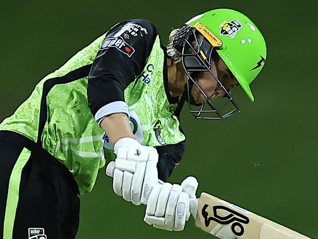 SYDNEY, AUSTRALIA - NOVEMBER 27: Phoebe Litchfield of the Thunder bats during the WBBL Knockout match between Sydney Thunder and Hobart Hurricanes at Drummoyne Oval on November 27, 2024, in Sydney, Australia. (Photo by Jeremy Ng/Getty Images)