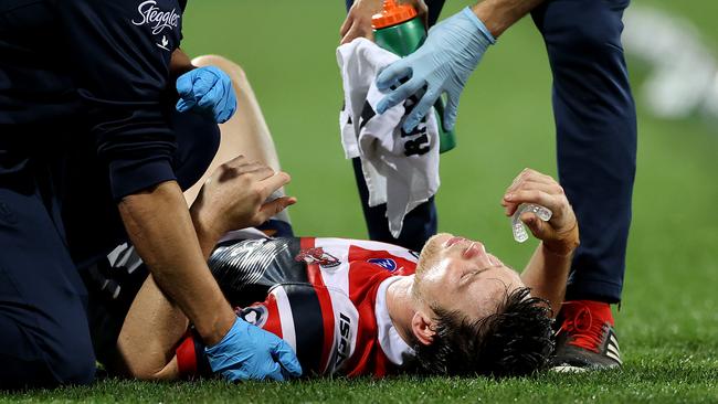 Roosters’ Luke Keary was forced to leave the field during the match against Melbourne Storm at the SCG on Thursday night. Picture: Phil Hillyard