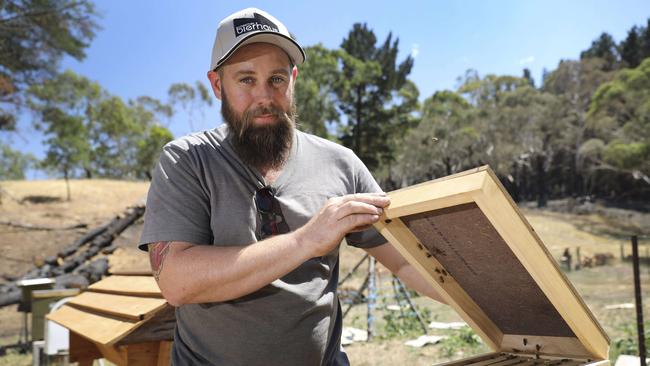 Afghanistan war veteran and bee keeper, Marc Webb, and his wife Rianne have been inundated with assistance from the state's bee keeping community after his farm was wiped out by the Cuddlee Creek fire. Picture: Dean Martin/AAP Image