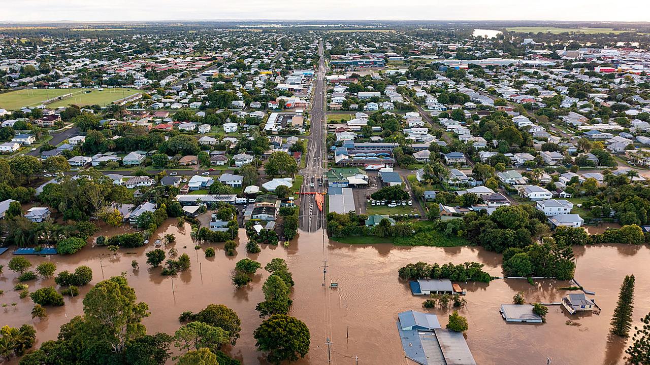 Aerial view of the flooded city of Maryborough along the overflowing Mary River in 2022. AFP/ Queensland Police Services.