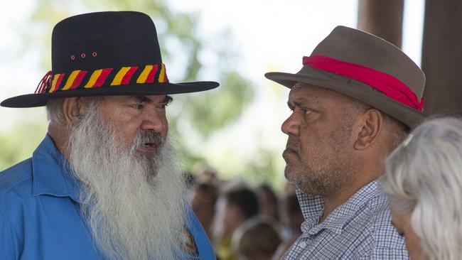 Patrick Dodson and Noel Pearson at the Garma Key Forum discussion panel. Picture: Peter Eve/Yothu Yindi Foundation