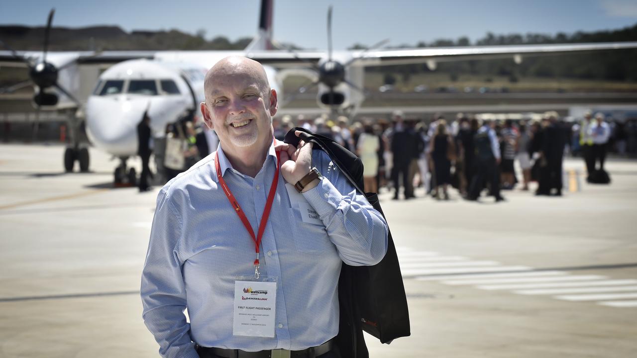 Former Editor of The Chronicle Steve Etwell ready to board the first flight from Wellcamp to Sydney. Photo: Bev Lacey.