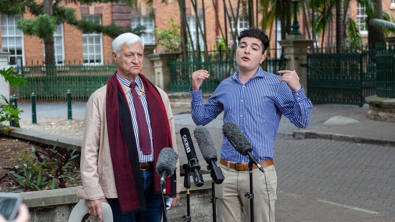 Bob Katter at a press conference with Drew Pavlou last year, demanding a parliamentary inquiry into Australian universities and Chinese Communist Party influence. Picture: David Kapernick.