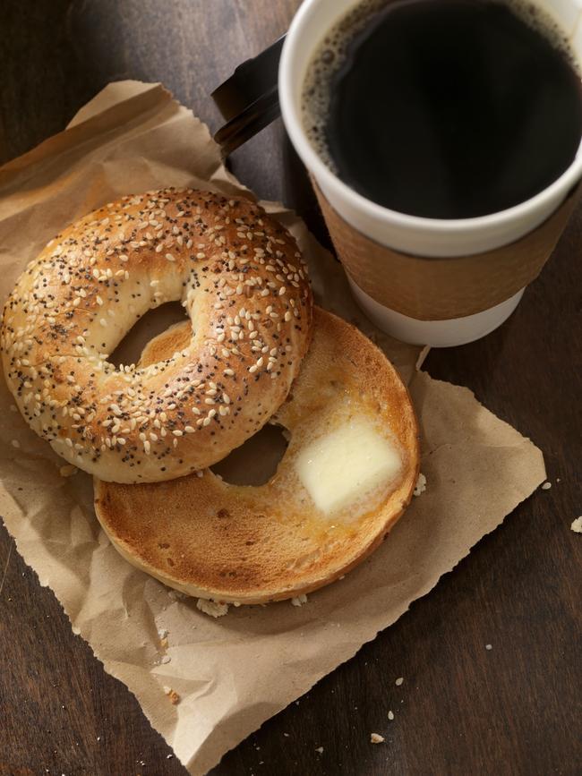 Toasted bagel and an Americano for a pricey breakfast on the go.