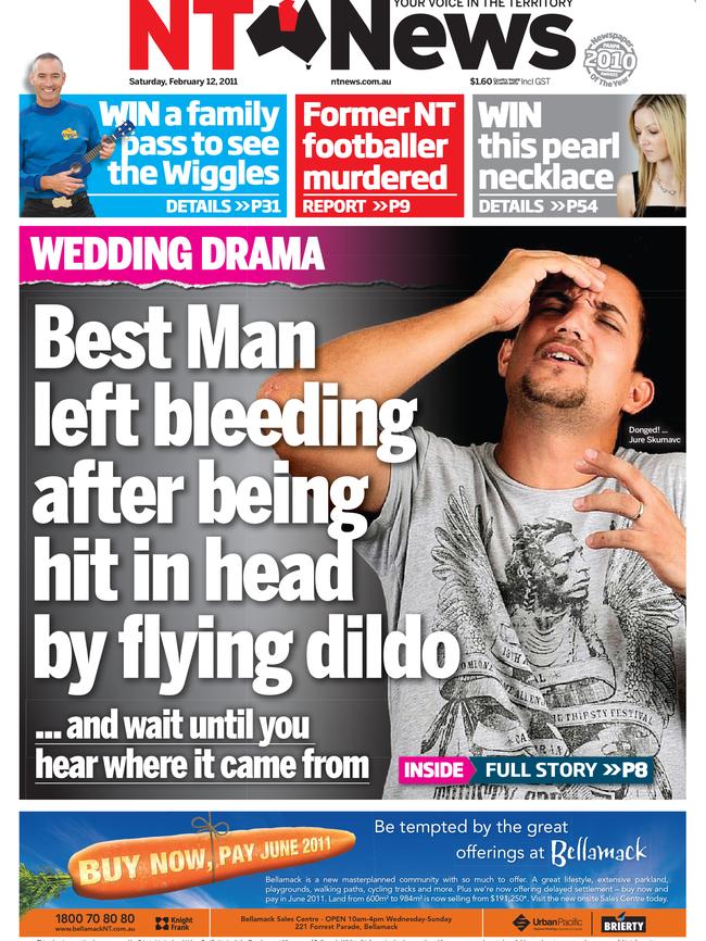 . The ‘Flying Dildo’ front page from February 2011 that just kept giving. Picture: NT NEWS