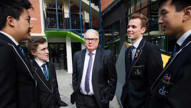 CBC principal Gerald Bain-King with students, from left, Botie Chen, Zac Zabarauskas, Liam Taylor and Kelman Chen. Picture: Paul Jeffers