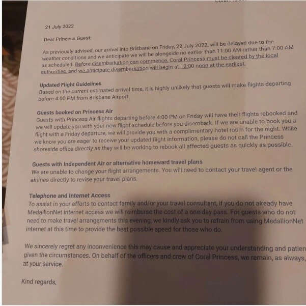 A letter distributed to passengers was posted to Instagram by user Mark.Morris7575