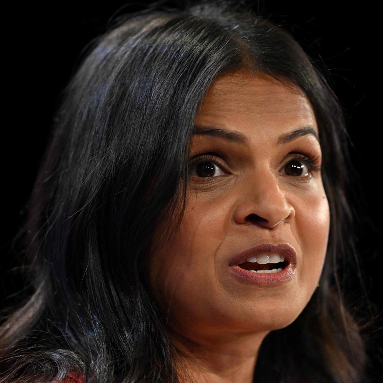 Akshata Murty, wife of Britain's Prime Minister Rishi Sunak, addresses delegates before his speech. Picture: Oli Scarff/AFP