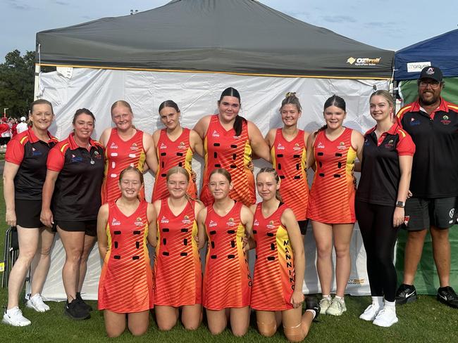 Manning Valley Under 15s netballers with coaches Janine Eagles and Hope Extrem, team manager Jenny Anderson and primary carer Ben Alliston.