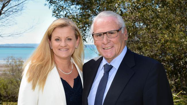 Walker Corporation chairman Lang Walker signed a memorandum of understanding with the State Government and Redland City Council as the exclusive development partner for the Toondah Harbour and Weinam Creek Priority Development Areas. Mr Walker is pictured here with Redland mayor Karen Williams at Cleveland with Moreton Bay in the background. Picture: Matt Murray