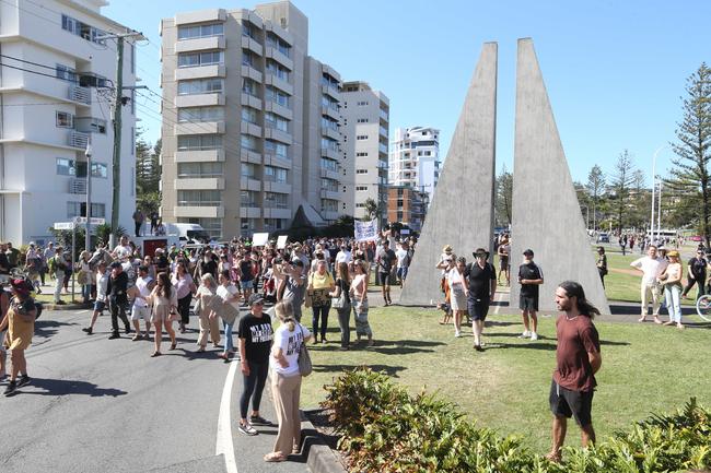 People in the Tweed are protesting the border restrictions. 22 August 2021 Coolangatta Picture by Richard Gosling