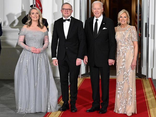 Anthony Albanese and partner Jodie Haydon pose with US President Joe Biden and First Lady Jill Biden before a State Dinner at the White House. Picture: Saul Loeb/AFP