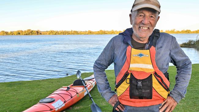 91-year-old kayaker Kenny Stephens will finally complete his epic fundraiser for Epidermolysis Bullosa – from Wellington to the Murray Mouth. Picture: Brenton Edwards