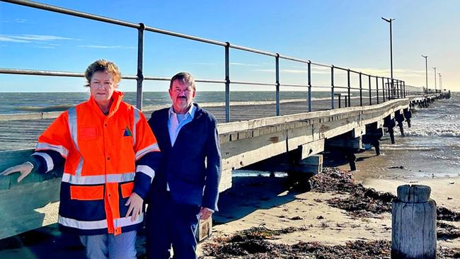 Kingston District Council CEO Nat Traeger and Mayor Jeff Pope at Kingston Jetty. Picture: Nat Morris