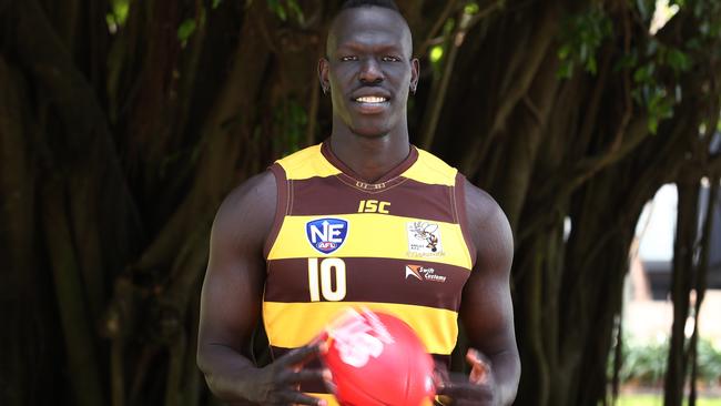 Aliir Aliir wears the jumper of junior club Aspley Hornets while playing for Sydney Swans.