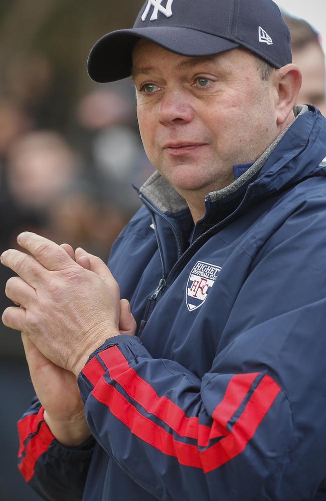 An emotional Highett coach Sam Hecker watches the last few moments of the grand final. Picture: Valeriu Campan