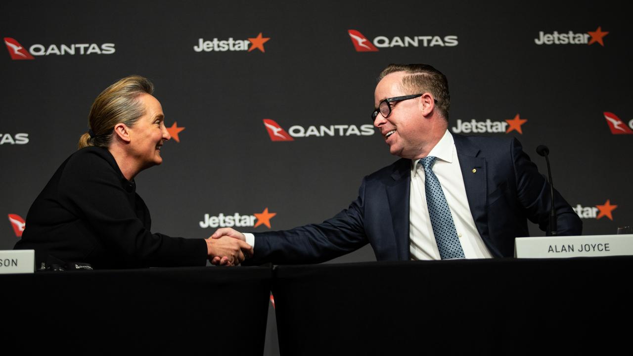 Ms Hudson and Alan Joyce discuss the Qantas Group’s full-year results at a press conference on August 24. Picture: NCA NewsWire / Christian Gilles