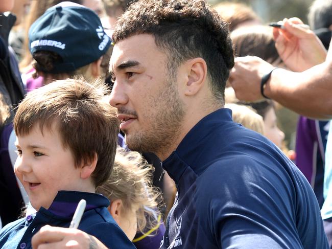 Melbourne Storm player Joe Chan at the open training session before heading to Sydney for the NRL Grand Final this weekend. Picture: Andrew Henshaw