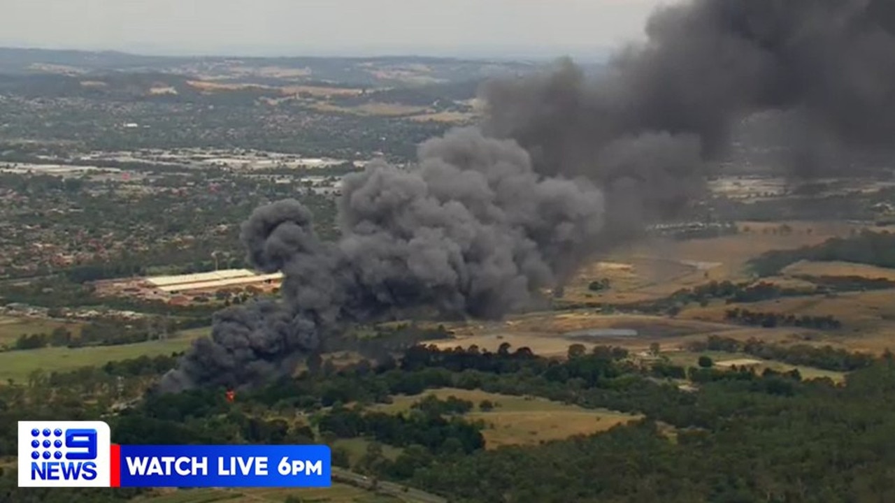 A fruit packing store in Wantirna South has gone up in flames. Picture: Ch9 News