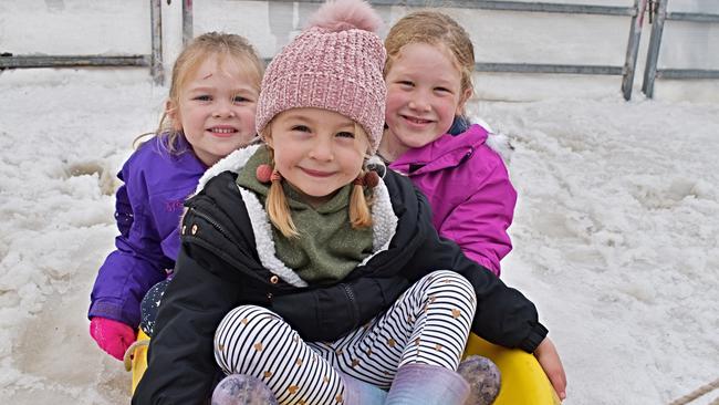 Myla and Evie Russell with Ava Harris (front) at the 2019 Snowflakes in Stanthorpe festival. Photo: Matthew Purcell / NRM Staff