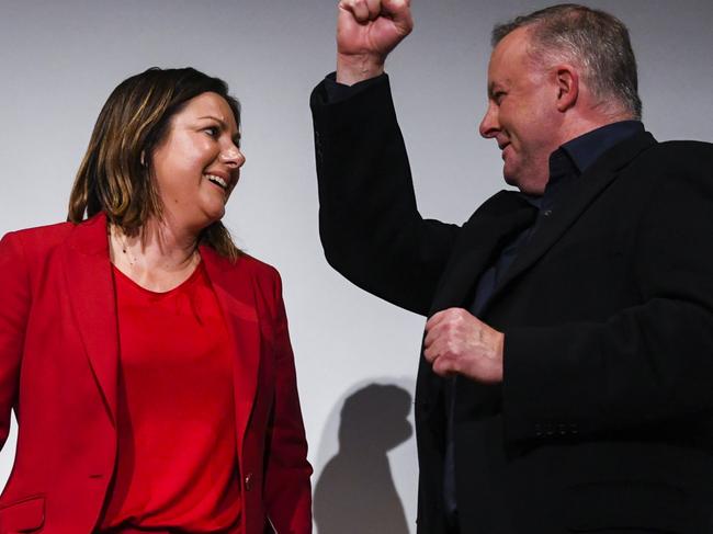 Labor candidate for the sear of Eden-Monaro Kristy McBain (left) and Australian Opposition Leader Anthony Albanese speak at the Labor party election function in Merimbula, NSW, Saturday, July 4, 2020. Votes are being counted in the Eden-Monaro by-election where either Labor's Kristy McBain or Liberal Fiona Kotvojs is expected to win the federal seat. (AAP Image/Lukas Coch) NO ARCHIVING