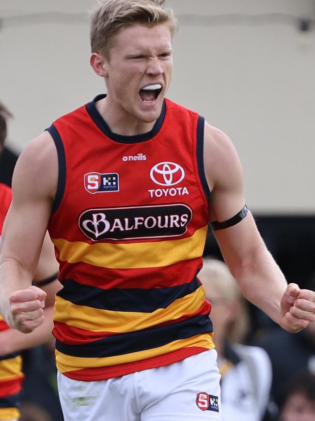 Fischer McAsey celebrates a goal in the SANFL.