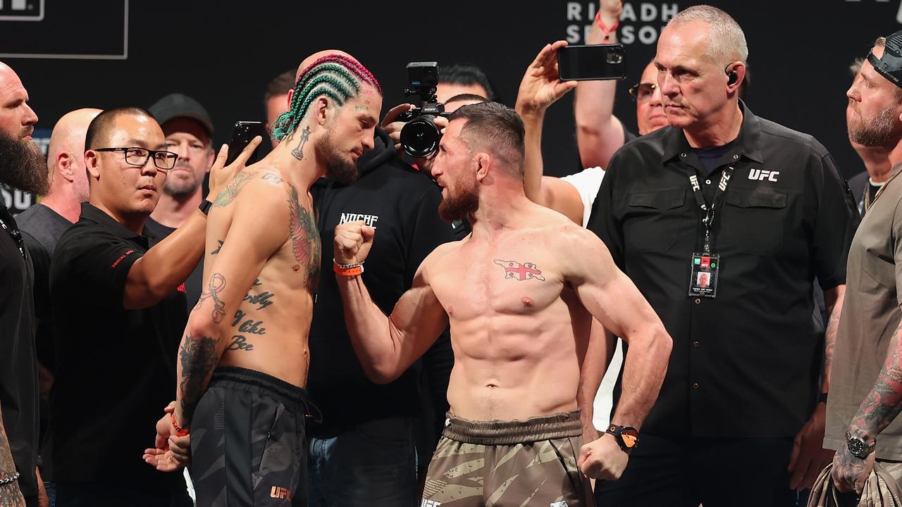 UFC bantamweight champion Sean O'Malley (left) is fighting Merab Dvalishvili in the main event. (Photo by Christian Petersen/Getty Images)