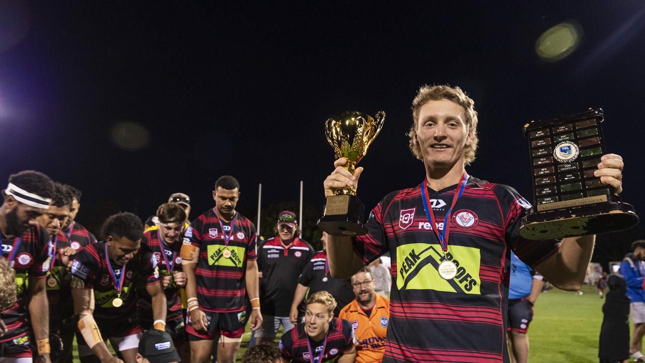 Valleys captain Jaren Bender holds the Reserve Grade Premiers trophies after Valleys defeat Warwick on TRL grand final day at Toowoomba Sports Ground, Saturday, September 14, 2024. Picture: Kevin Farmer