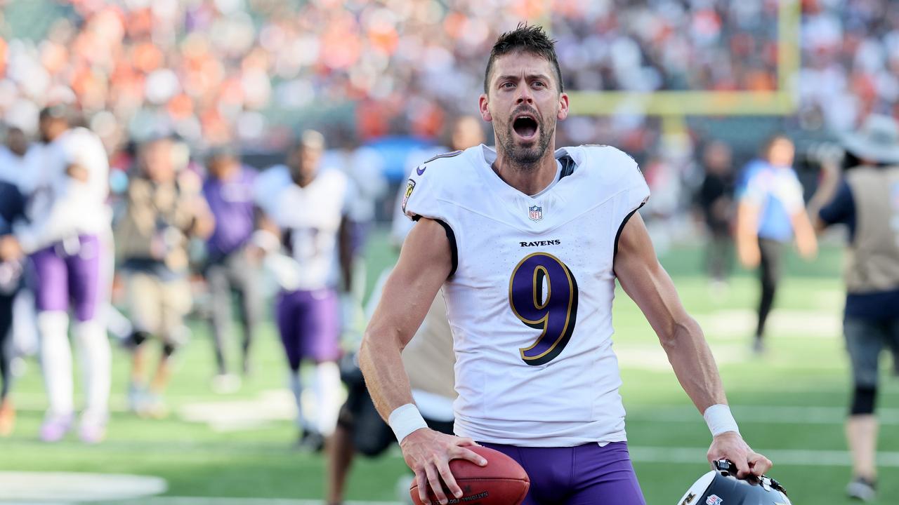 CINCINNATI, OHIO - OCTOBER 06: Justin Tucker #9 of the Baltimore Ravens reacts after kicking the game-winning field goal during overtime against the Cincinnati Bengals at Paycor Stadium on October 06, 2024 in Cincinnati, Ohio. (Photo by Andy Lyons/Getty Images)