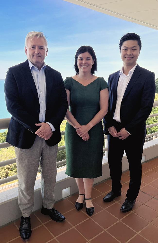 Chief Minister Natasha Fyles on Tuesday met with Quinbrook Infrastructure Partners co-founder and managing partner David Scaysbrook (left) and Grok chief executive Jeremy Kwong-Law (right). Picture: Supplied