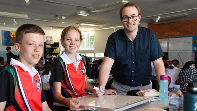 Dubbo College South Campus Year 7 students Evan Nave and Amy Quilty with teacher Aaron Taylor, showcasing a new approach to teaching. Picture: Dubbo College South Campus